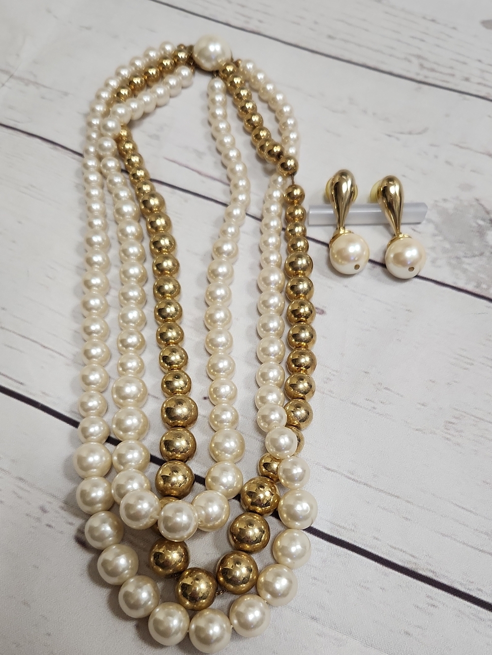 Gold and Ivory Multi-Strand Pearl Necklace with Matching Drop Earrings